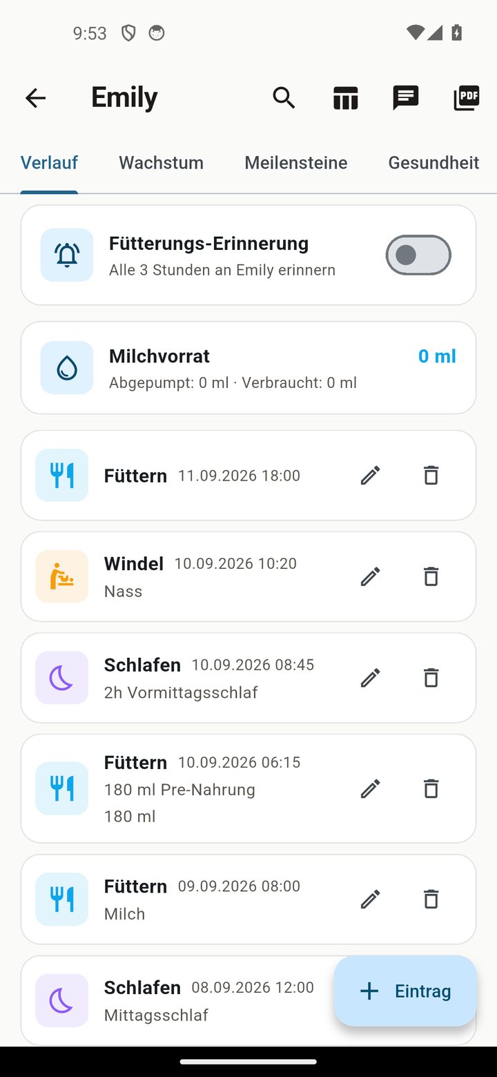 Neuer Eintrag — Fütterungsart & Schlafdauer