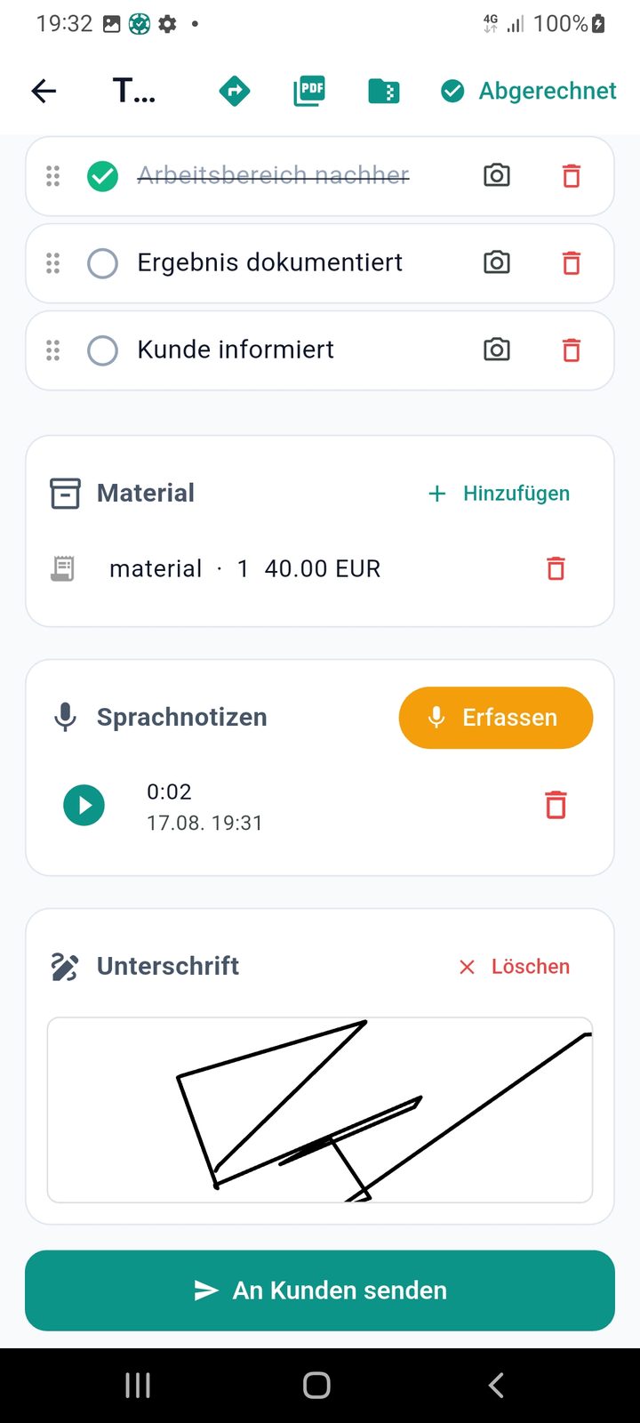 TaskSnap job detail with timer and checklist steps