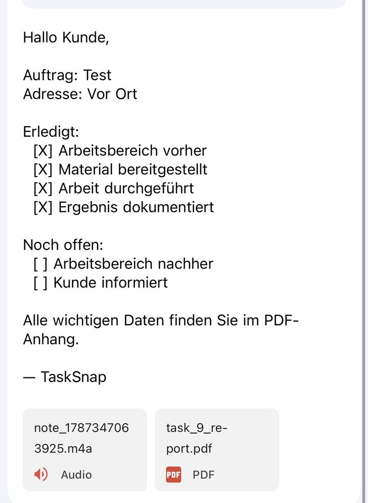 TaskSnap materials and receipts inside a job
