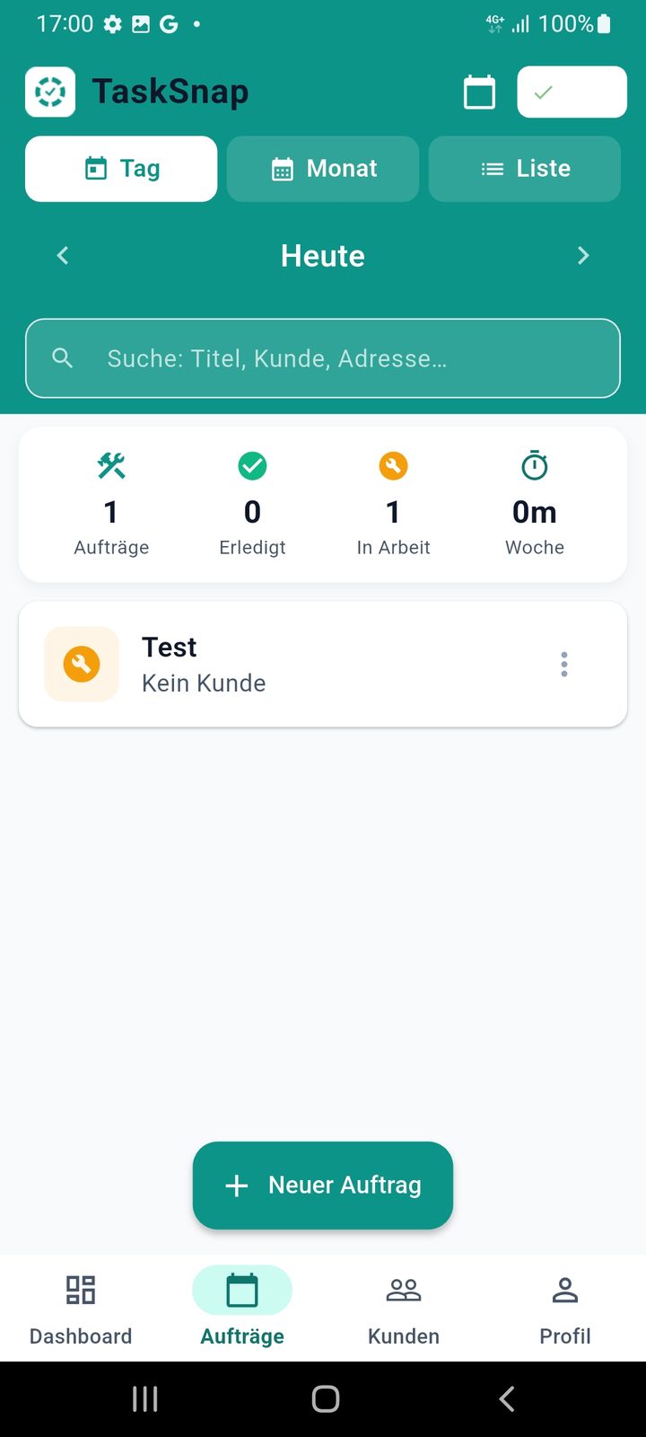TaskSnap job overview with day, month and list views